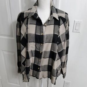 Easel Black and Cream Distressed Plaid Button-Up Shirt